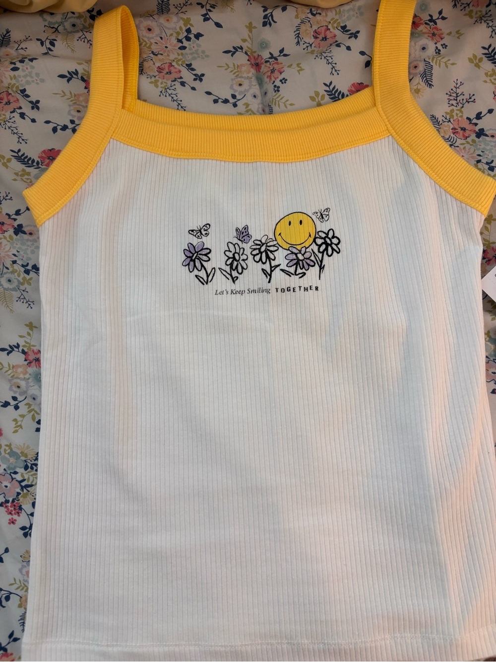 American Eagle Outfitters White Ribbed Tank with Yellow Trim and Smiley Tag